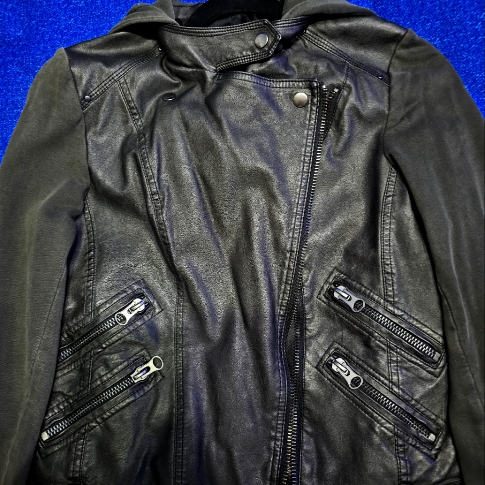 Black Rivet moto Jacket with removable hood